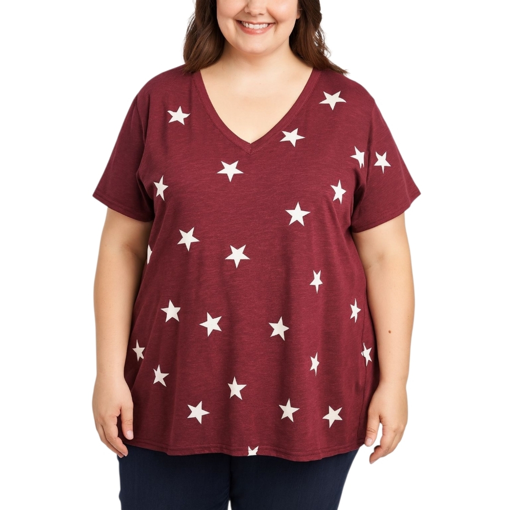 Reflex 3X Purple Star Print V-Neck Tee Soft Cotton Blend Top